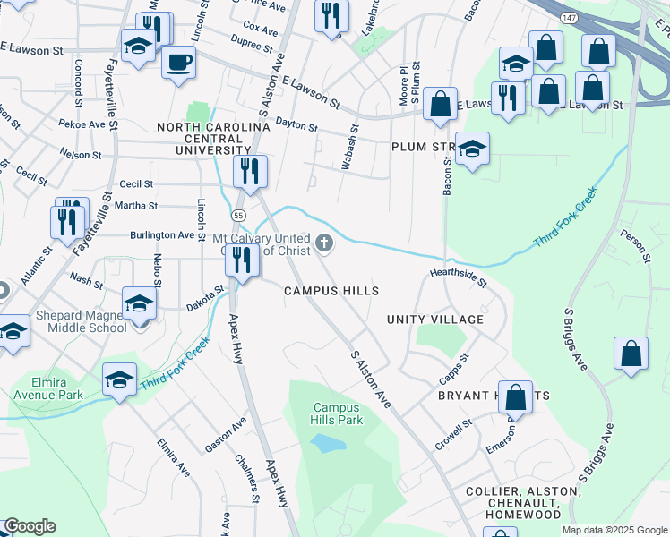 map of restaurants, bars, coffee shops, grocery stores, and more near 1715 Athens Avenue in Durham