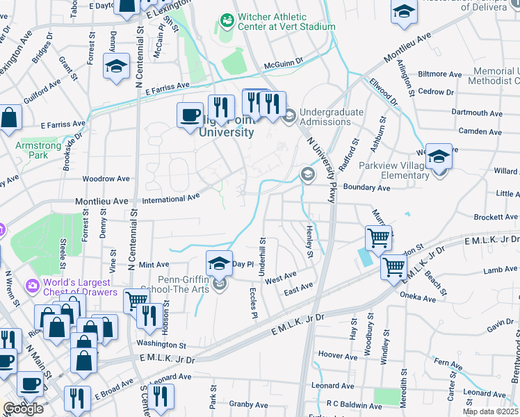 map of restaurants, bars, coffee shops, grocery stores, and more near 507 Underhill Street in High Point