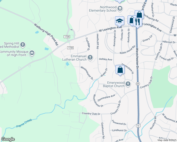 map of restaurants, bars, coffee shops, grocery stores, and more near 1314 Westminster Drive in High Point
