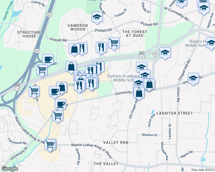 map of restaurants, bars, coffee shops, grocery stores, and more near 3710 University Drive in Durham