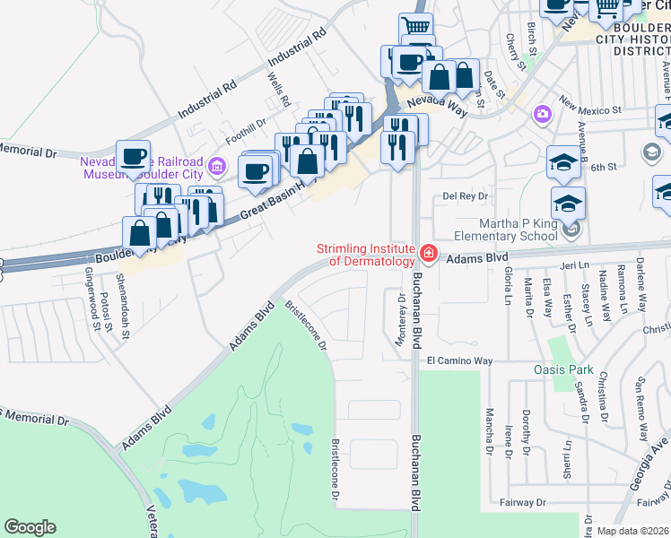 map of restaurants, bars, coffee shops, grocery stores, and more near 1526 Bryce Canyon Street in Boulder City