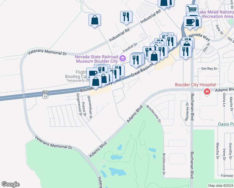 map of restaurants, bars, coffee shops, grocery stores, and more near 1609 Aspen Court in Boulder City