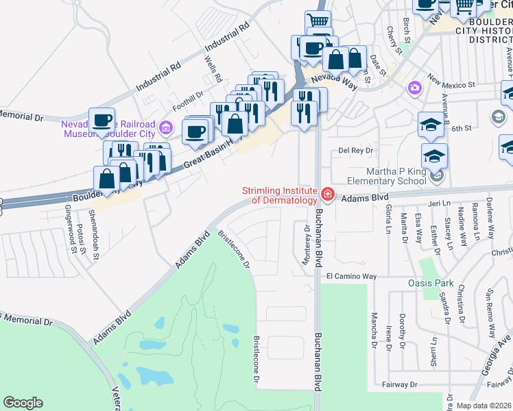 map of restaurants, bars, coffee shops, grocery stores, and more near 1526 Bryce Canyon Street in Boulder City