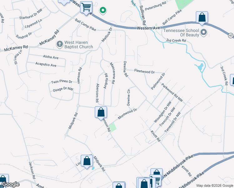 map of restaurants, bars, coffee shops, grocery stores, and more near 4132 Mascarene Road in Knoxville