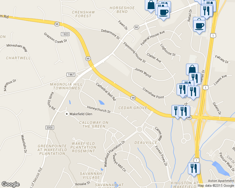 map of restaurants, bars, coffee shops, grocery stores, and more near 3407 Blessing House Street in Raleigh