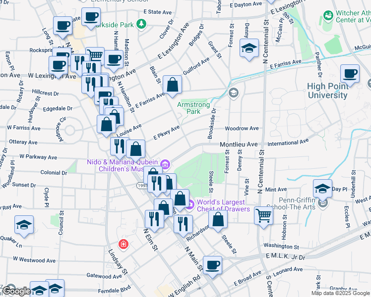 map of restaurants, bars, coffee shops, grocery stores, and more near 235 Montlieu Avenue in High Point