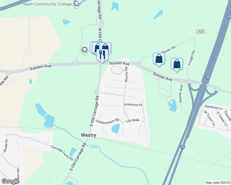 map of restaurants, bars, coffee shops, grocery stores, and more near 4733 Honeysuckle Lane in Rocky Mount