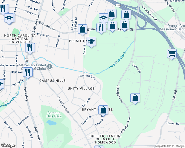 map of restaurants, bars, coffee shops, grocery stores, and more near 1214 Hearthside Street in Durham