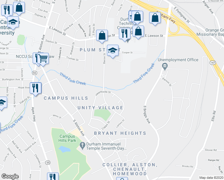 map of restaurants, bars, coffee shops, grocery stores, and more near 1214 Hearthside Street in Durham