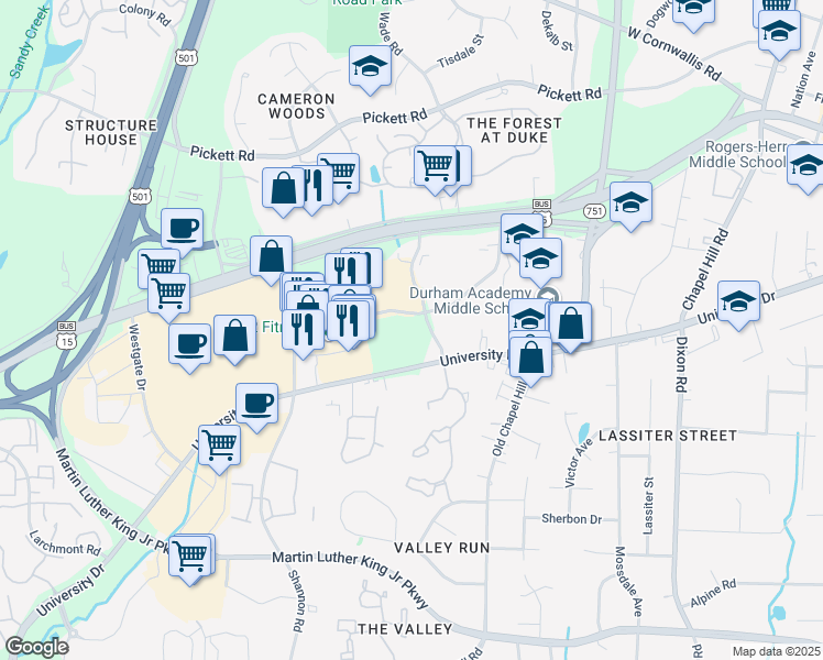 map of restaurants, bars, coffee shops, grocery stores, and more near 3725 Mayfair Street in Durham