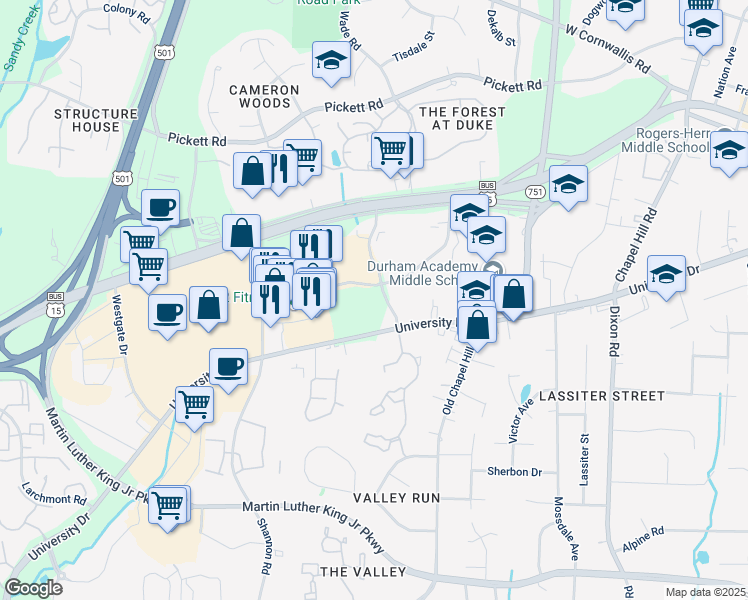map of restaurants, bars, coffee shops, grocery stores, and more near 3710 University Drive in Durham
