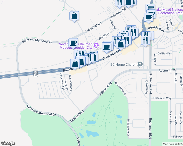 map of restaurants, bars, coffee shops, grocery stores, and more near 1609 Aspen Court in Boulder City