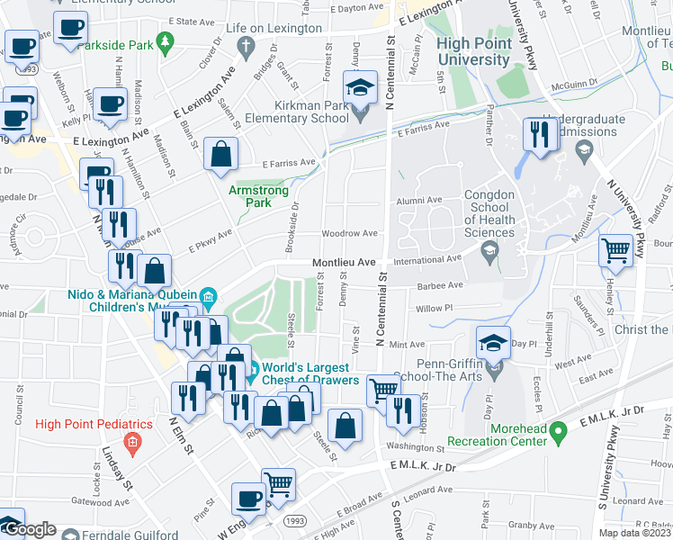 map of restaurants, bars, coffee shops, grocery stores, and more near 408 Montlieu Avenue in High Point