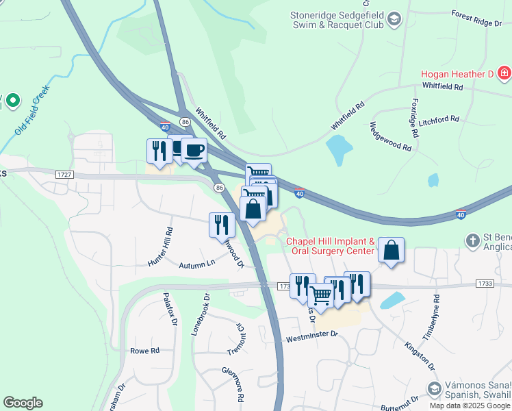 map of restaurants, bars, coffee shops, grocery stores, and more near 1800 Martin Luther King Junior Boulevard in Chapel Hill