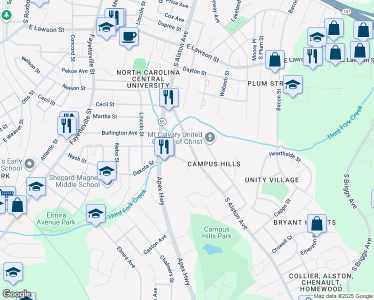 map of restaurants, bars, coffee shops, grocery stores, and more near 1710 South Alston Avenue in Durham