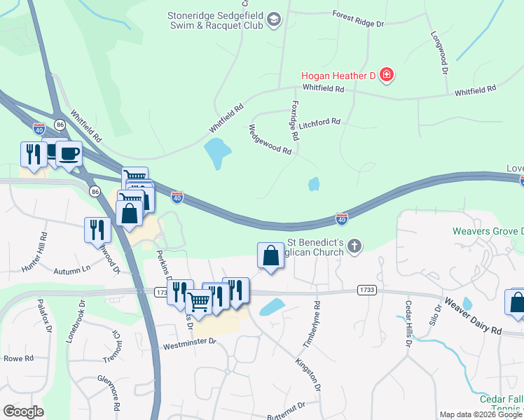 map of restaurants, bars, coffee shops, grocery stores, and more near 109 Foxridge Road in Chapel Hill