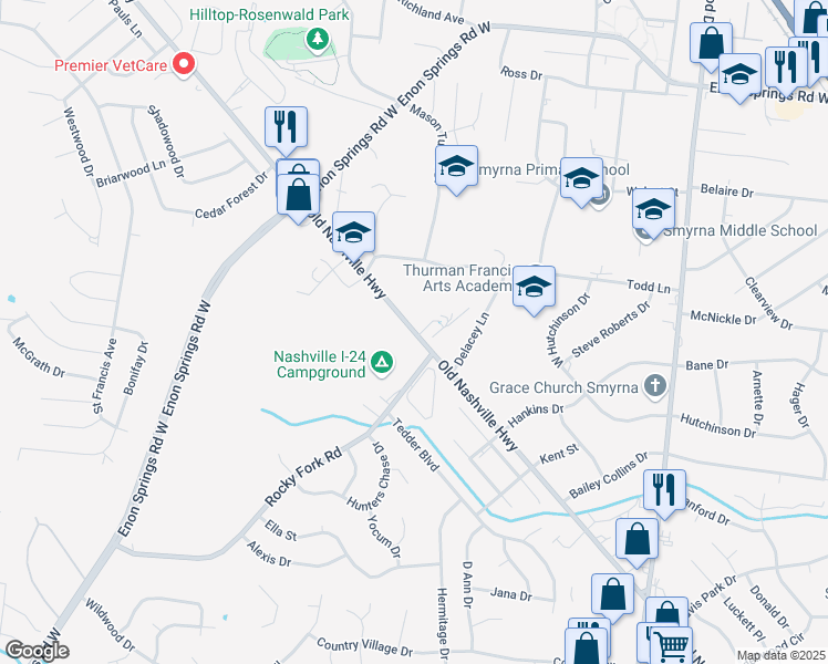 map of restaurants, bars, coffee shops, grocery stores, and more near Sam Ridley Pkwy W & Old Nashville Hwy in Smyrna