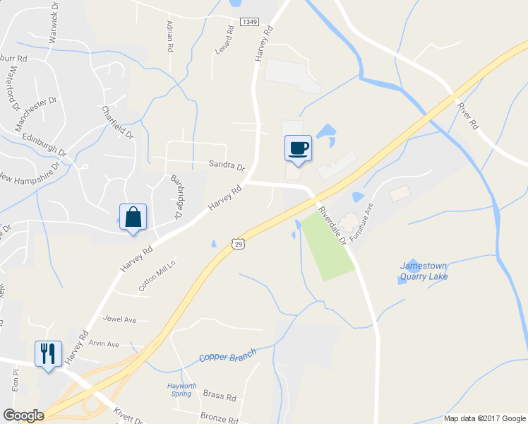 map of restaurants, bars, coffee shops, grocery stores, and more near 5044 Harvey Road in Jamestown