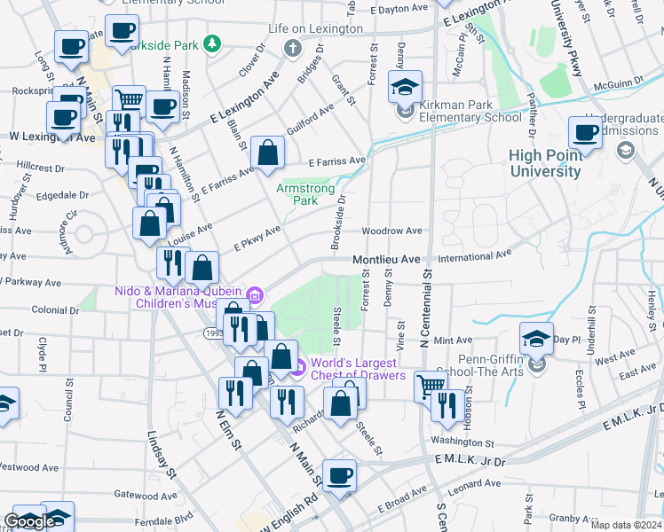 map of restaurants, bars, coffee shops, grocery stores, and more near 316 Montlieu Avenue in High Point