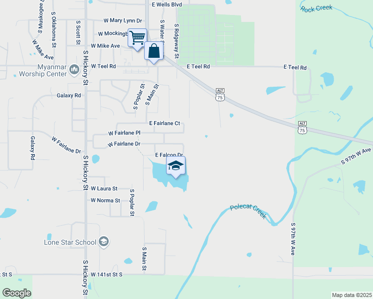 map of restaurants, bars, coffee shops, grocery stores, and more near 39 East Fairlane Drive in Sapulpa