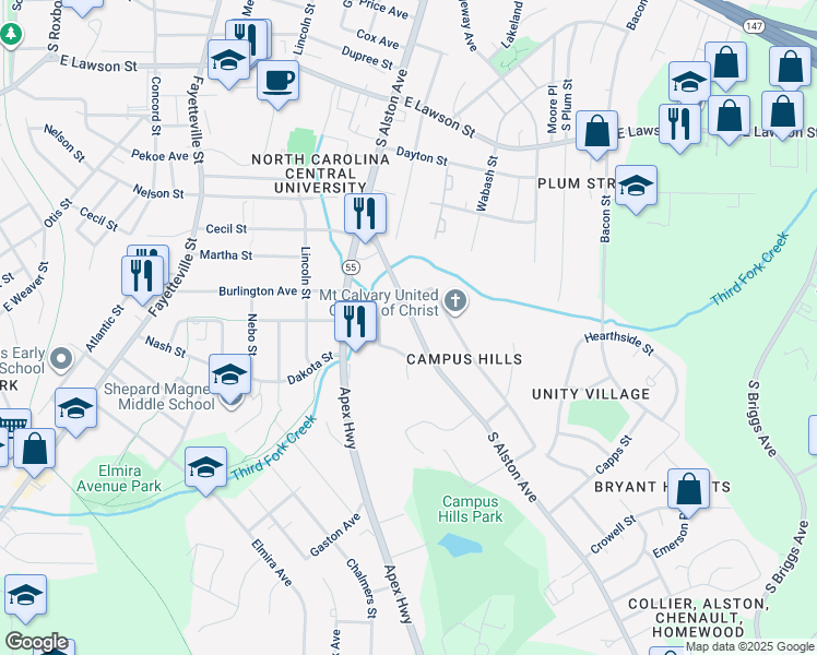 map of restaurants, bars, coffee shops, grocery stores, and more near 1710 South Alston Avenue in Durham