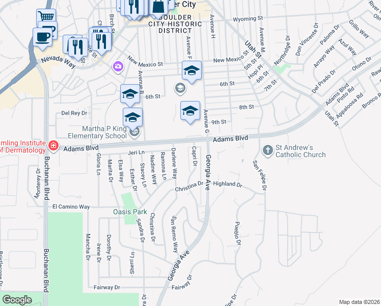 map of restaurants, bars, coffee shops, grocery stores, and more near 1304 Capri Drive in Boulder City