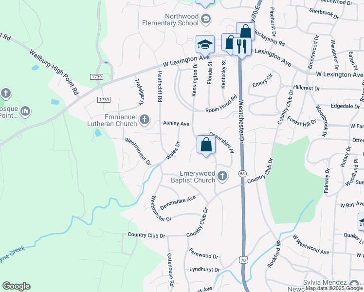 map of restaurants, bars, coffee shops, grocery stores, and more near 1408 Wales Drive in High Point