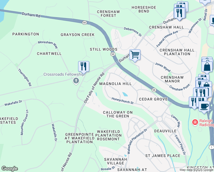 map of restaurants, bars, coffee shops, grocery stores, and more near 12586 Honeychurch Street in Raleigh