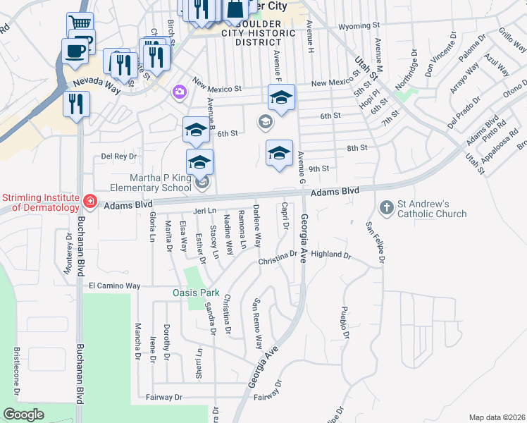 map of restaurants, bars, coffee shops, grocery stores, and more near 1303 Darlene Way in Boulder City