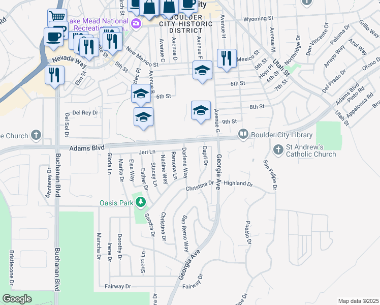 map of restaurants, bars, coffee shops, grocery stores, and more near 1303 Darlene Way in Boulder City
