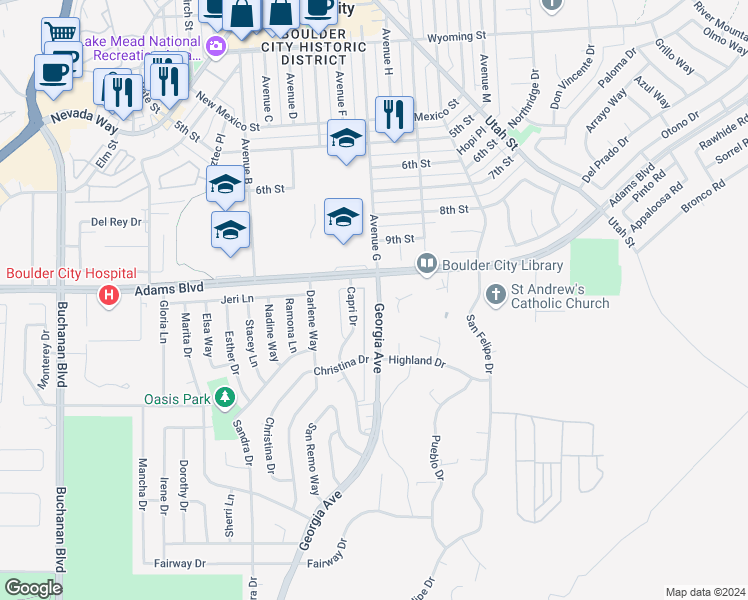 map of restaurants, bars, coffee shops, grocery stores, and more near in Boulder City