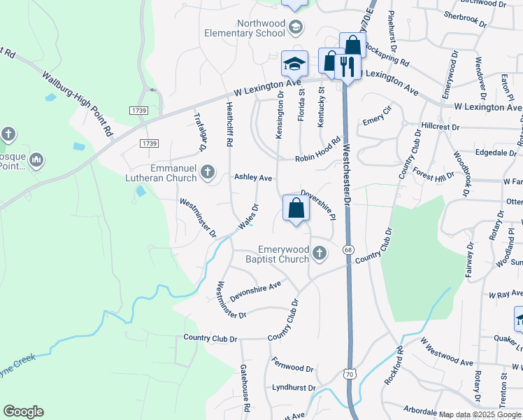 map of restaurants, bars, coffee shops, grocery stores, and more near 1408 Wales Drive in High Point