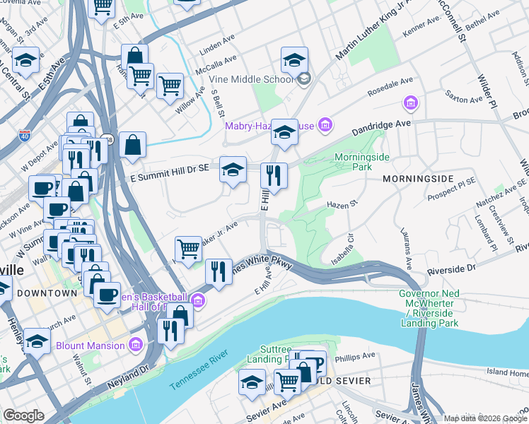 map of restaurants, bars, coffee shops, grocery stores, and more near 844 East Hill Avenue in Knoxville