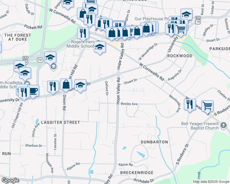 map of restaurants, bars, coffee shops, grocery stores, and more near 3010 Hope Valley Road in Durham
