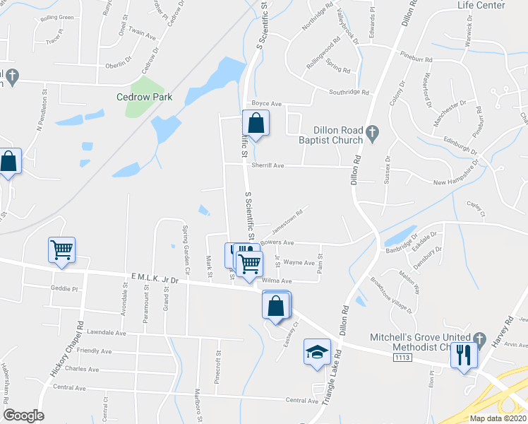 map of restaurants, bars, coffee shops, grocery stores, and more near 713 South Scientific Street in High Point