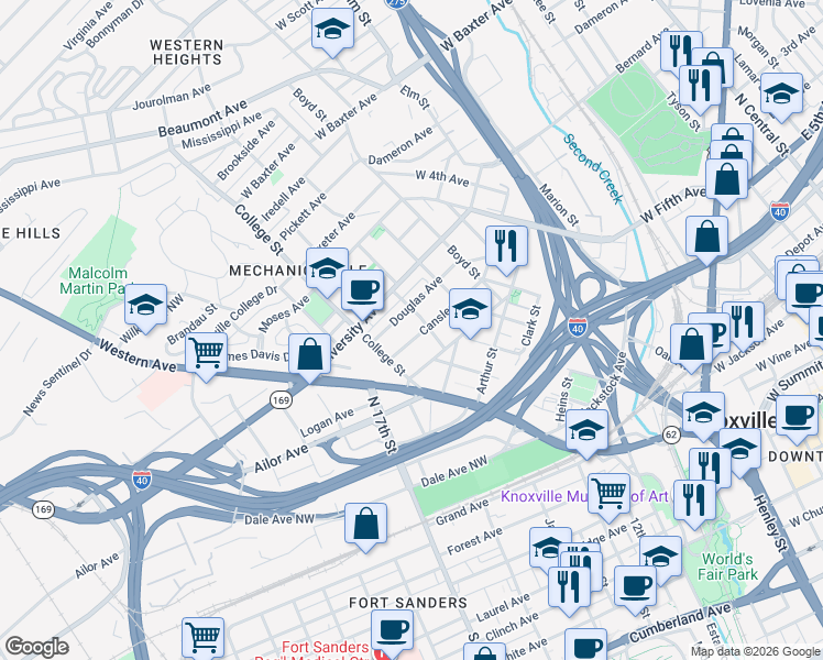 map of restaurants, bars, coffee shops, grocery stores, and more near 1406 Dora Street in Knoxville