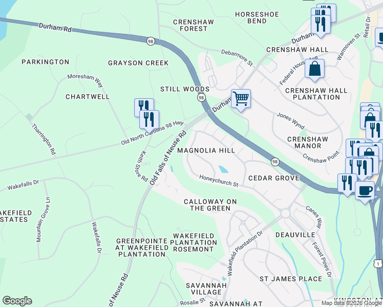 map of restaurants, bars, coffee shops, grocery stores, and more near 3372 Sugar House Street in Raleigh