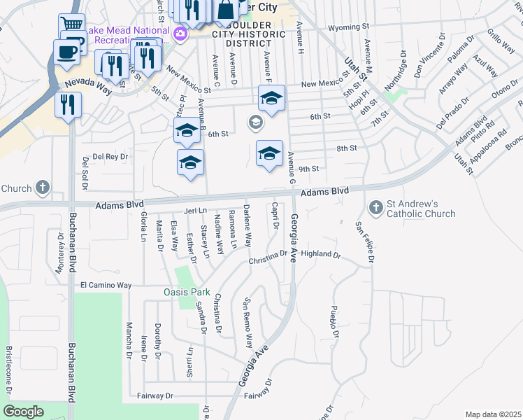 map of restaurants, bars, coffee shops, grocery stores, and more near 1303 Darlene Way in Boulder City