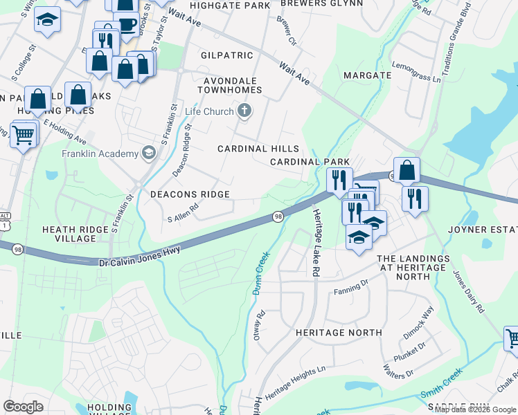 map of restaurants, bars, coffee shops, grocery stores, and more near 900 Ledgerock Road in Wake Forest