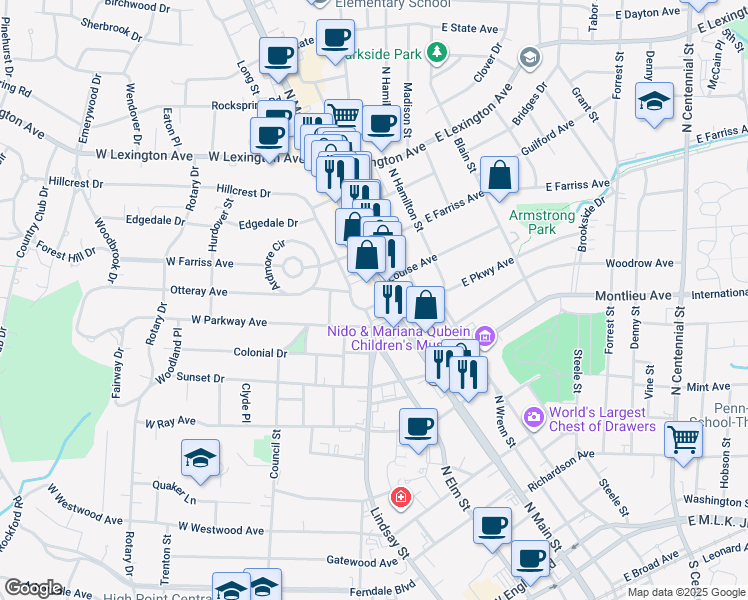 map of restaurants, bars, coffee shops, grocery stores, and more near 1009 North Main Street in High Point