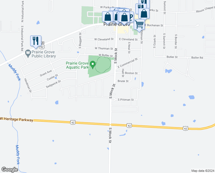 map of restaurants, bars, coffee shops, grocery stores, and more near 612 South Mock Street in Prairie Grove
