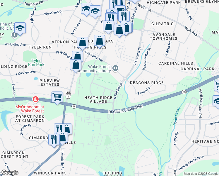 map of restaurants, bars, coffee shops, grocery stores, and more near 309 Yellow Poplar Avenue in Wake Forest
