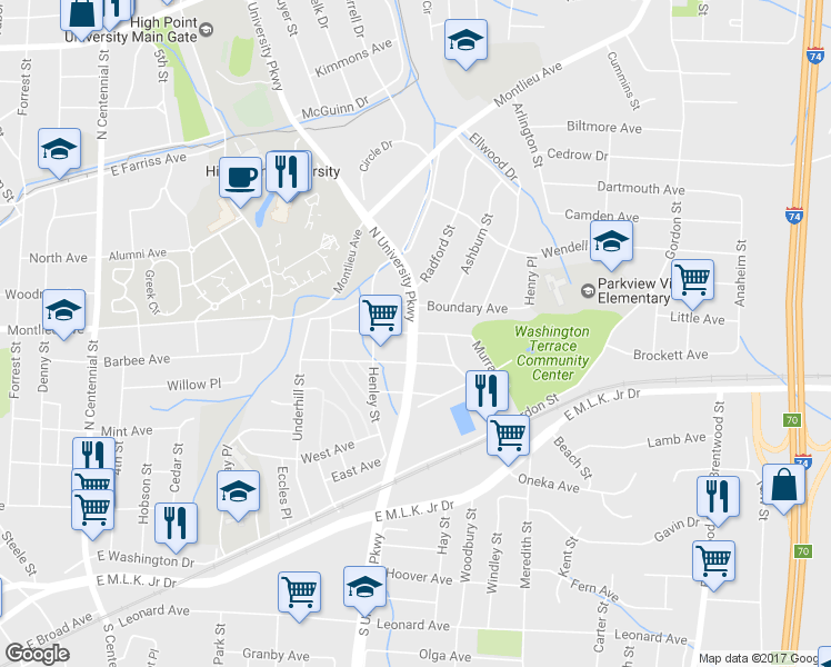 map of restaurants, bars, coffee shops, grocery stores, and more near 1601 Graves Avenue in High Point