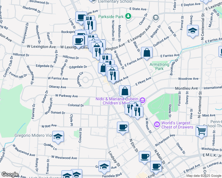 map of restaurants, bars, coffee shops, grocery stores, and more near 1009 North Main Street in High Point
