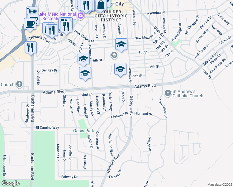 map of restaurants, bars, coffee shops, grocery stores, and more near 1303 Darlene Way in Boulder City