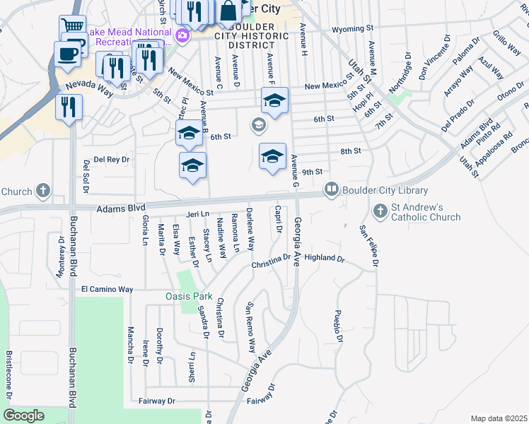 map of restaurants, bars, coffee shops, grocery stores, and more near 1303 Darlene Way in Boulder City