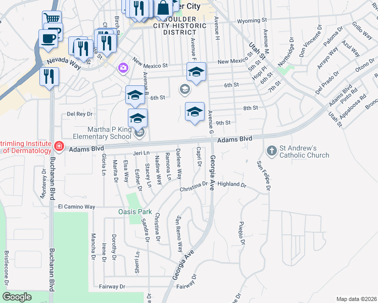 map of restaurants, bars, coffee shops, grocery stores, and more near 1303 Darlene Way in Boulder City