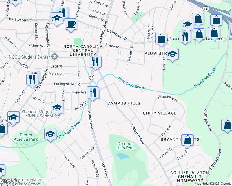 map of restaurants, bars, coffee shops, grocery stores, and more near 1715 Athens Avenue in Durham