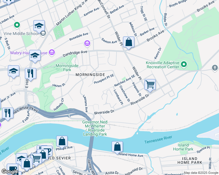 map of restaurants, bars, coffee shops, grocery stores, and more near 1929 Natchez Avenue Southeast in Knoxville