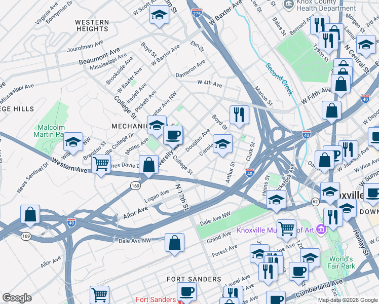 map of restaurants, bars, coffee shops, grocery stores, and more near 219 Douglas Avenue in Knoxville